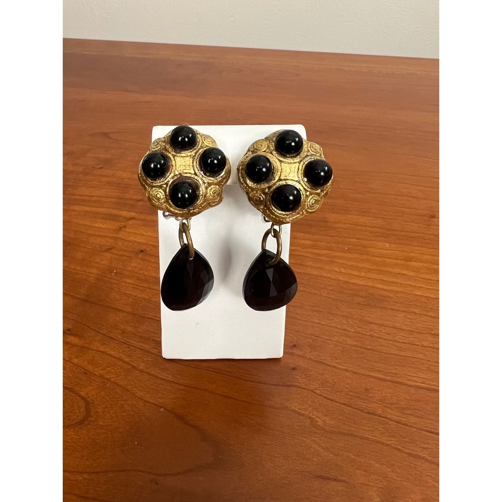 Vintage Black Gold Tone Teardrop Clip On Earrings Textured Statement Drop Boho